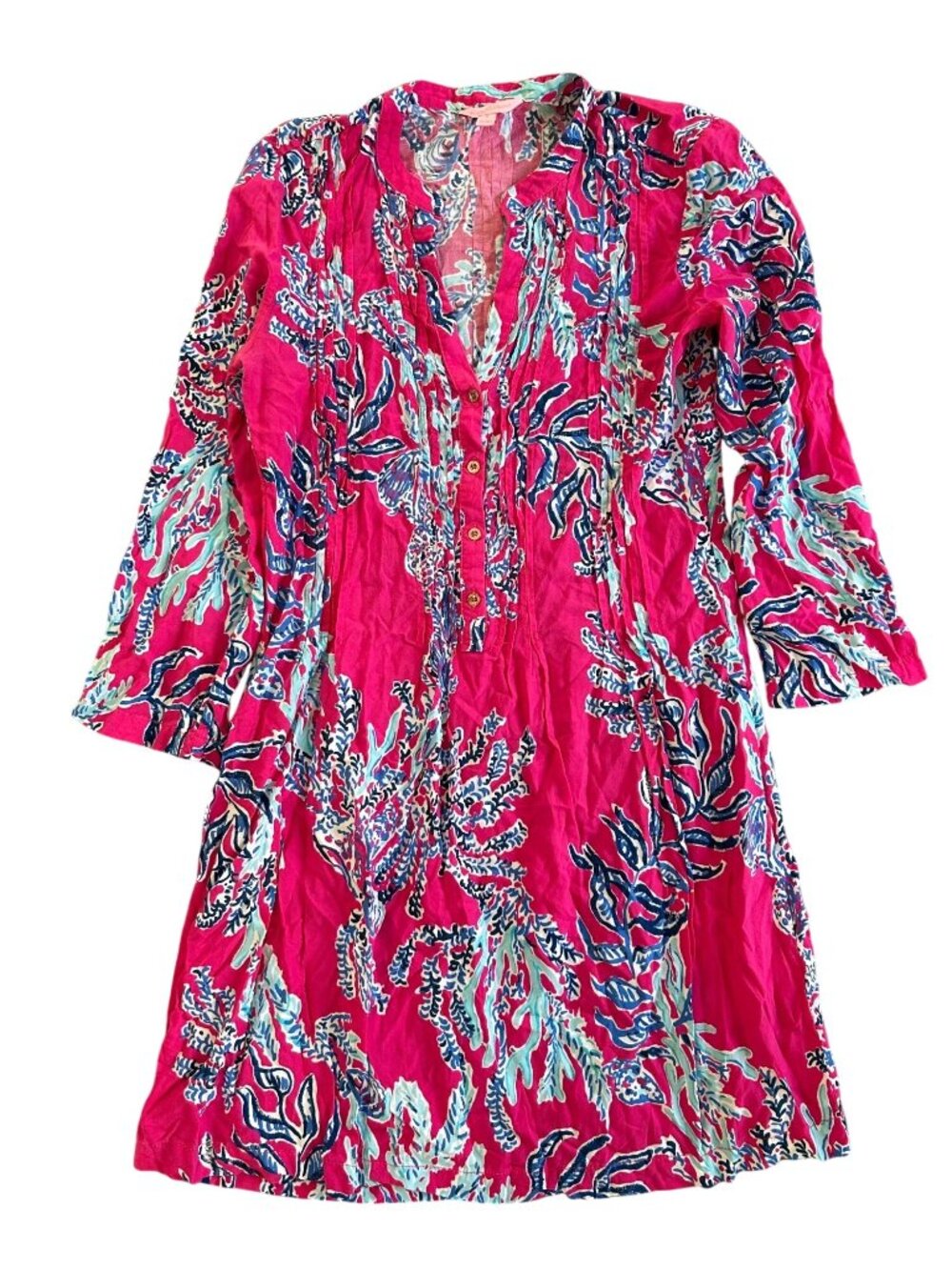 Lilly Pulitzer Women's Sz Small Coral Print Tunic Dress Rayon 3/4 Sleeves Button